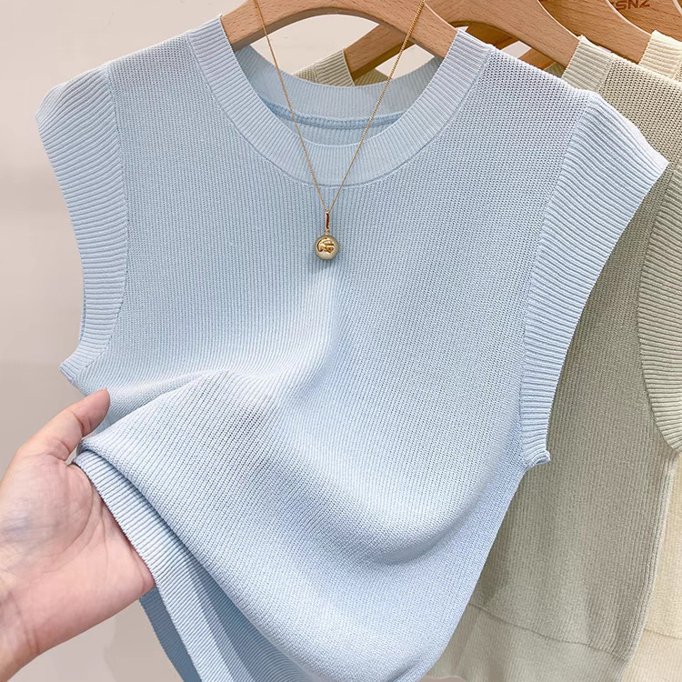 2024 summer new ice silk thin waistcoat sleeveless pink round neck small fly sleeve sweater women's short sleeve top fashion
