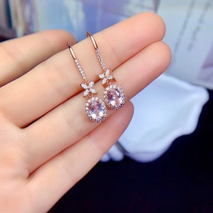 925 silver inlaid natural morganite earring earhook high-grade simple fashion small fresh earring main stone 5*7