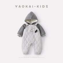 2025冬季新款婴幼儿绗棉加绒背带裤套装宝宝连体衣打底保暖两件套