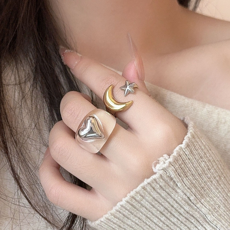 European and American Fashion Trend Star Moon Open Ring Female Niche Design Ins Resin Heart Index Finger Ring Ring