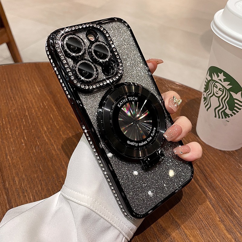 iPhone16用ケース、ラインストーン、電気メッキ、グリッター、Apple 17PROMAX、マグネット式スタンド、耐衝撃ソフトケース11|undefined