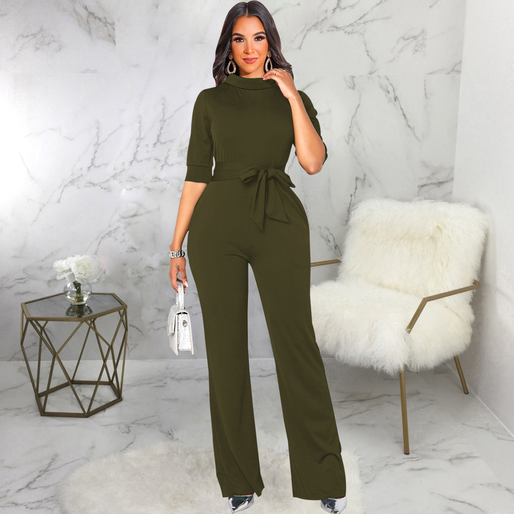 Solid Color Waist Lace Up Jumpsuit NSMRF116725