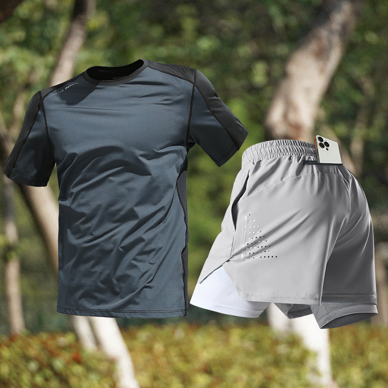 スポーツスーツメンズアイスシルクTシャツ夏薄手速乾半袖トレーニングランニング用品フィットネス服新しいスタイル|undefined