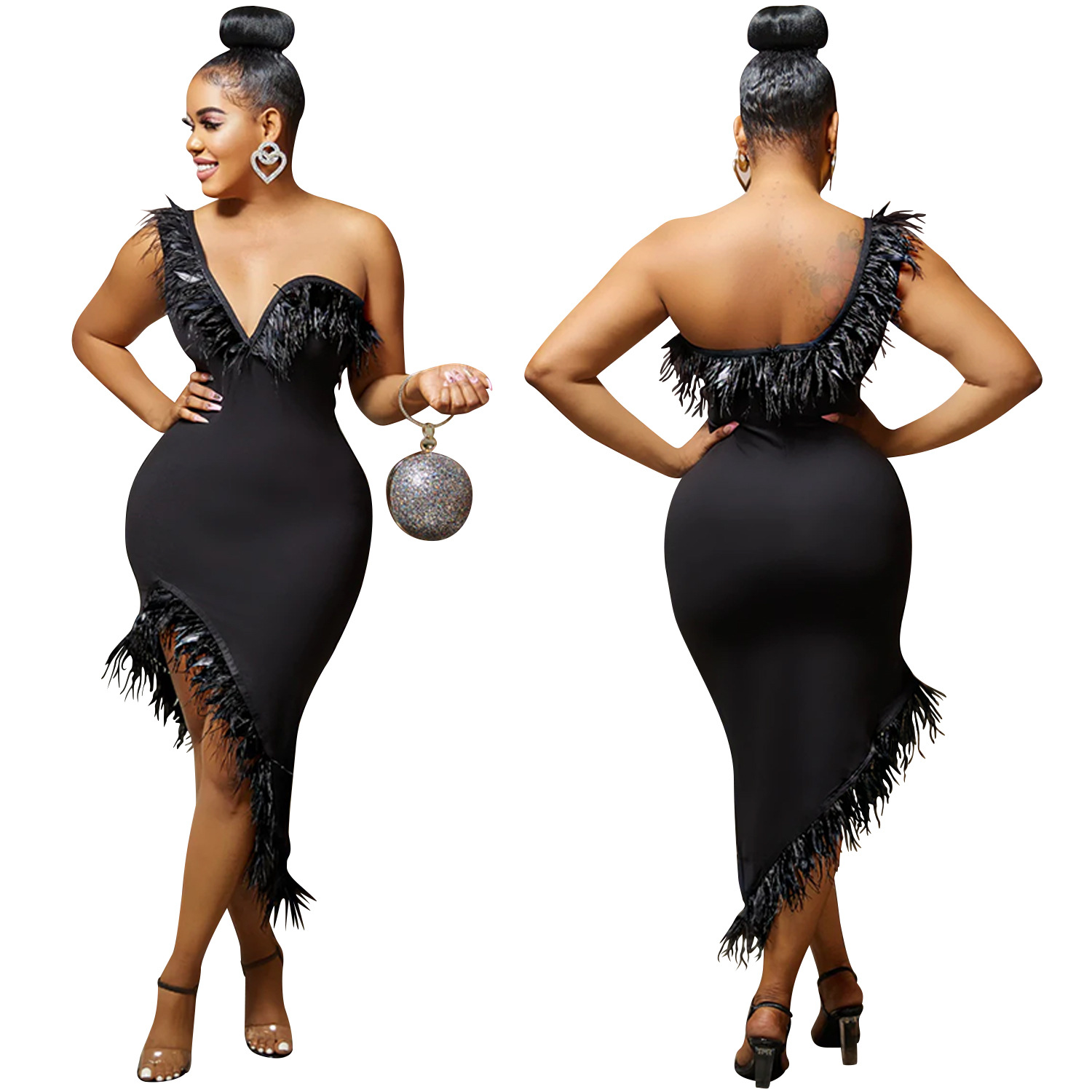 Einfarbiges, ärmelloses Wickelrockkleid mit V-Ausschnitt für Damen und Neujahrsabendkleid mit unregelmäßigen Federn_voghion.com