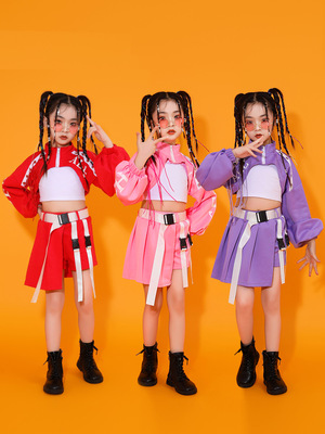  Hip hop dance costumes for girls Girls jazz rapper singers street jazz clothes Purple red pink  girls fashion runway model stage uniforms