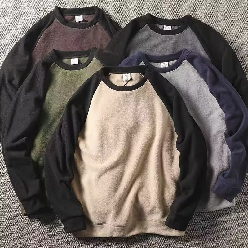 Warm Fleece Base Shirt Men's Trendy Raglan Sleeve Top Cheap Durable fleece-lined Thickened Contrast Color Long Sleeve T-shirt