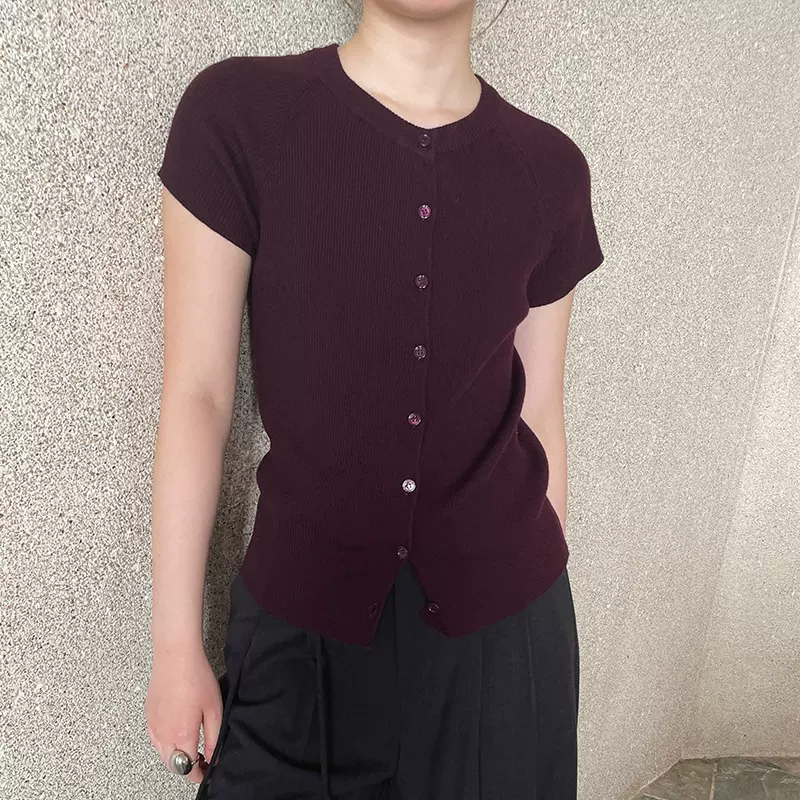 FONE简禾单排扣羊毛针织衫女2025秋季休闲百搭短袖打底上衣88185