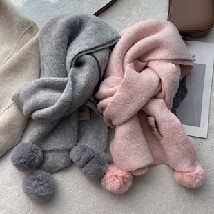 Japanese Age-reducing Sweet Imitation Cashmere Scarf Women's Winter 2024 New Korean Style Fur Ball Warm Thick Neck Fashion