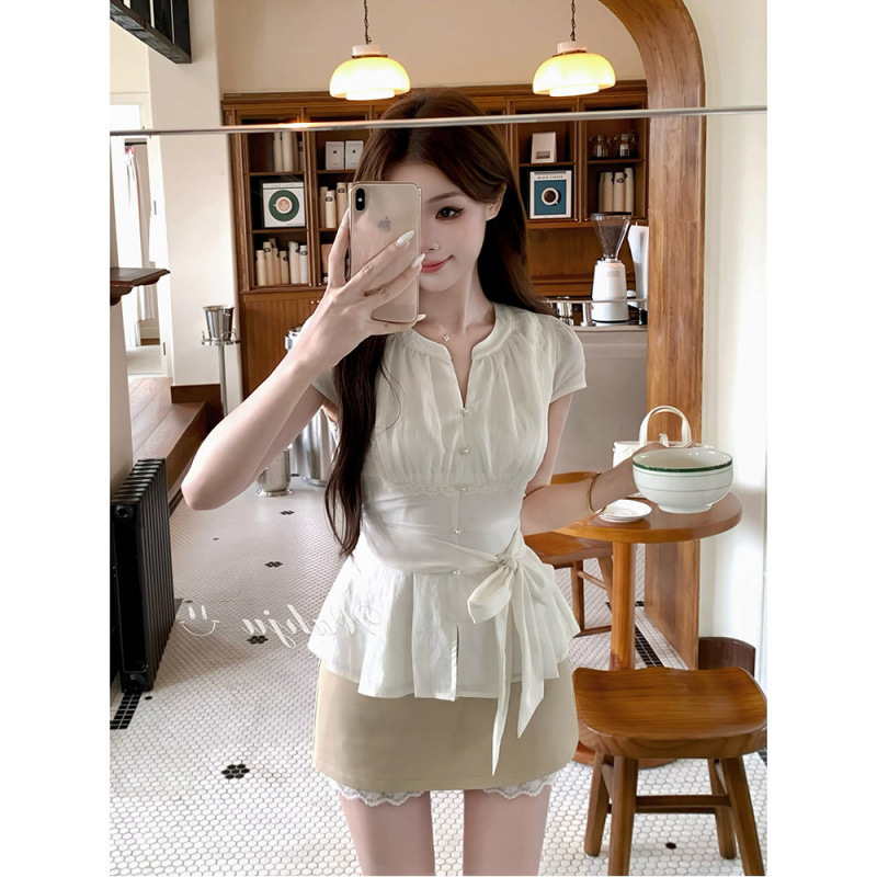 纯欲甜美套装裙女夏季韩系穿搭绝美白色短袖衬衫半身短裙子两件套