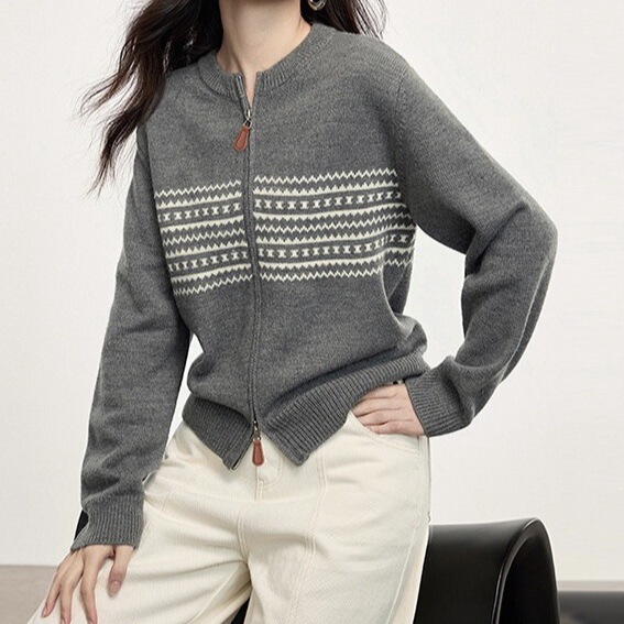 2026 Autumn New Design Double Zipper Knit Cardigan Women's Top Vintage Jacquard Round Neck Cardigan Sweater for Women 2026 Autumn New Design Double Zipper Knit Cardigan Women's Top Vintage Jacquard Round Neck Cardigan Sweater for Women