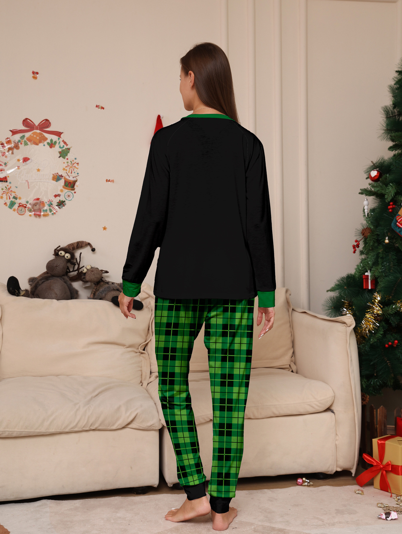 Weihnachts-Dinosaurier-Buchstaben Weihnachts-Familienanzug bedrucktes Homewear-Pyjama-Set_voghion.com