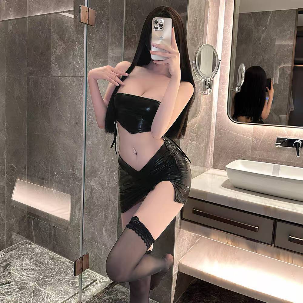 Strapless Tube Top Lingerie Set with Mini Skirt and Thong, Polyester Uniform-Style Costume — detail image 2