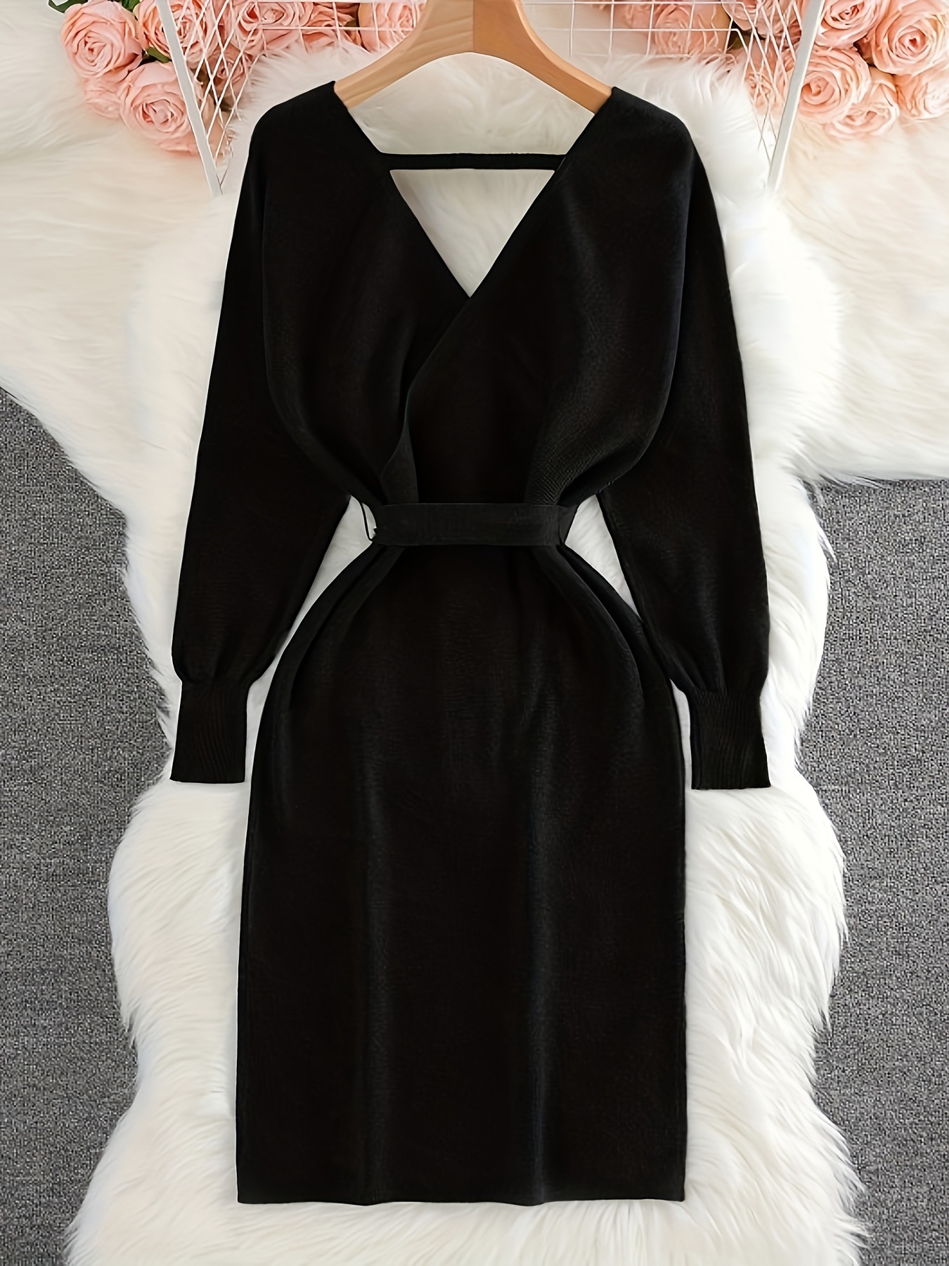 Women's Solid Color Knitted Dress With Bow Belt V Neck Long Sleeve Fashion_voghion.com