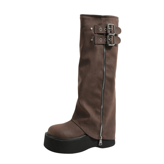Autumn 2024 Long Boots Women's Small trouser legs velvet rider boots thick-soled increased chubby girl widened mid-length boots