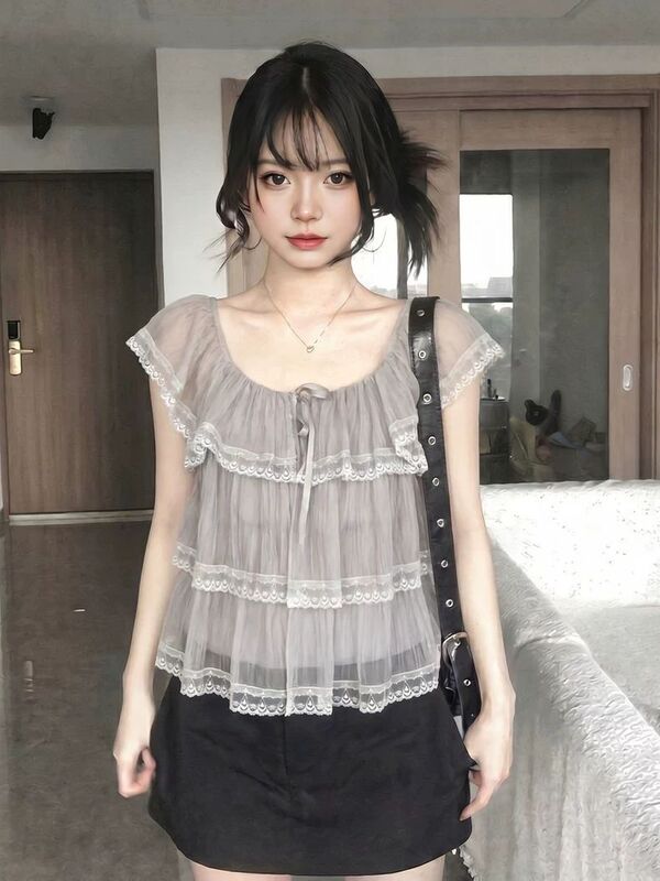 Korean-Style Gentle Style Square-Neck Lace Mesh Layered Cake Short-Sleeve New Loose-Fitting Slimming Sweet Top for Petite Figures