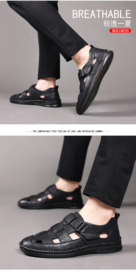 Dép sandal nam da cỡ lớn thiết kế khoét lỗ, khóa dán tiện lợi, form bít mũi — Nâu thời trang, Đen quyến rũ chi tiết 16