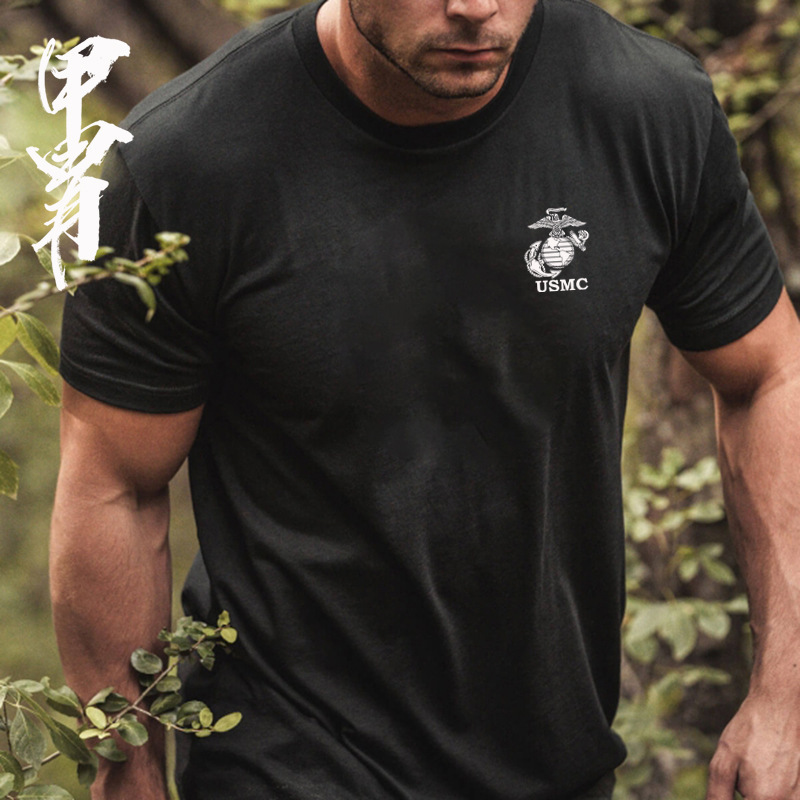 Global Eagle Logo Badge Printed Cotton Short-Sleeved T-Shirt for Military Fans, New Summer Product, Usmc Themed Style
