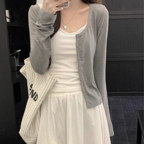 Women's Summer Grey Knitted Sun Protection Cardigan Coat with Small Shawl, Pair with Camisole Dress, Outerwear with Sheer Ice Silk Blouse