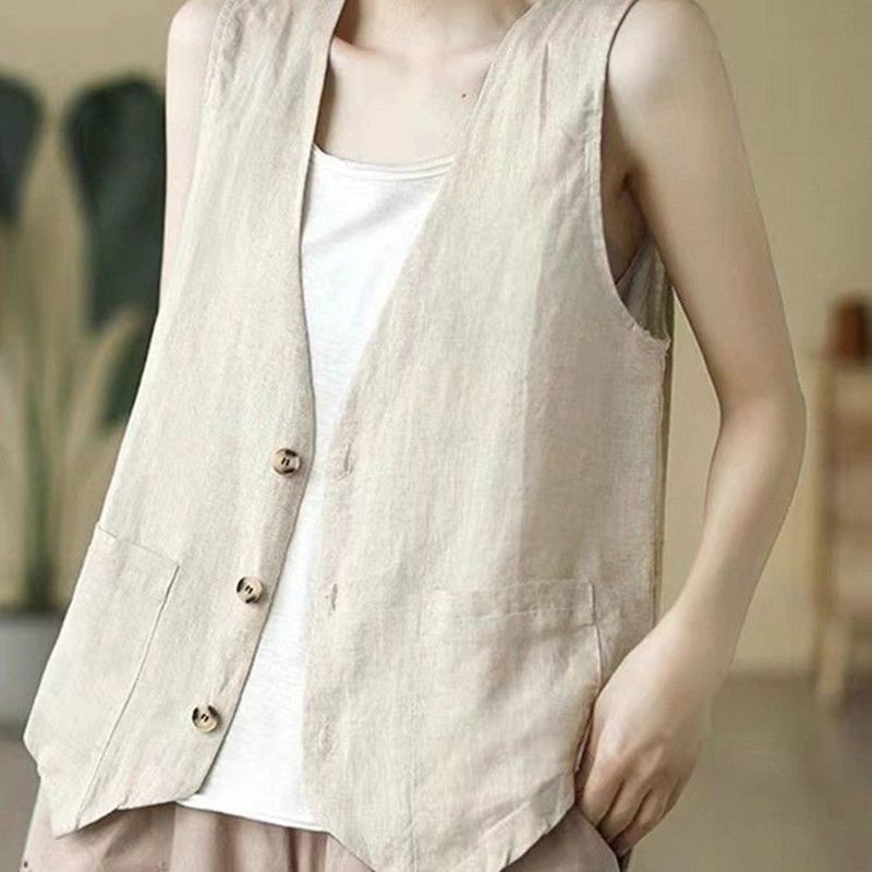 Ropa de primavera nueva literatura y arte universal relajado comercio exterior retro sin mangas cuello en V medio largo chaleco de lino abrazadera chaqueta mujer