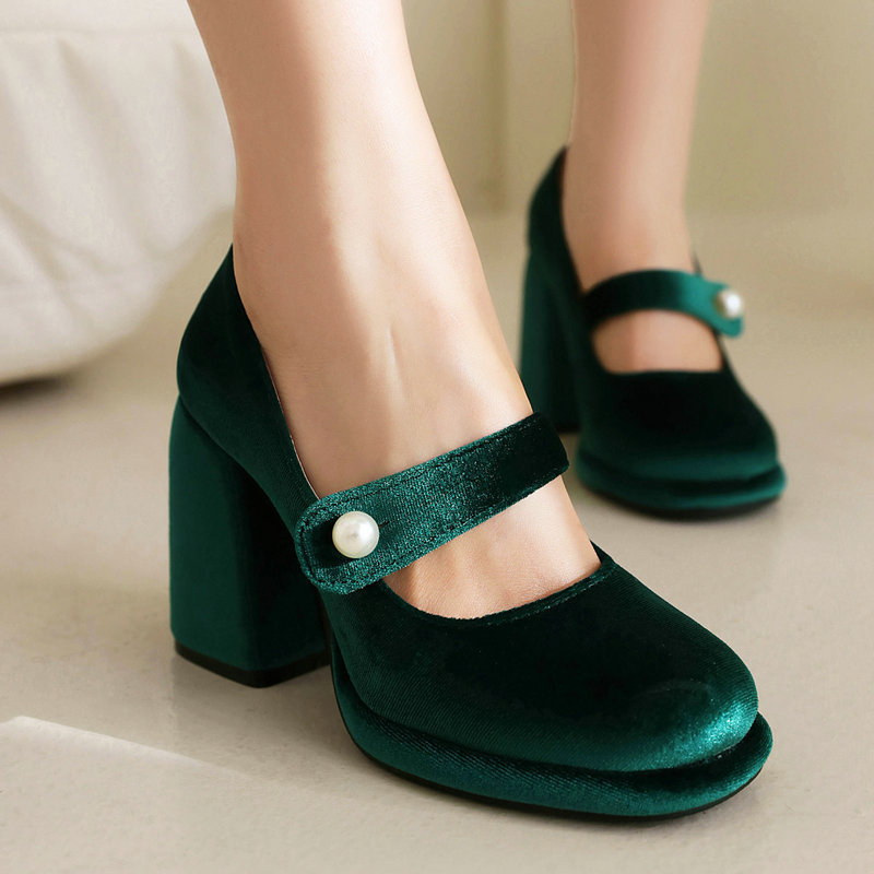 Women's High Heels Gold Velvet Round Toe Chunky Heel Super High Heel Women's Single Shoes with Buckle Green Platform High Heel Women's Single Shoes