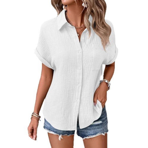 2025 Amazon Summer European and American Style Women's Blouse Solid Color Casual Bat Sleeve Button-up Shirt