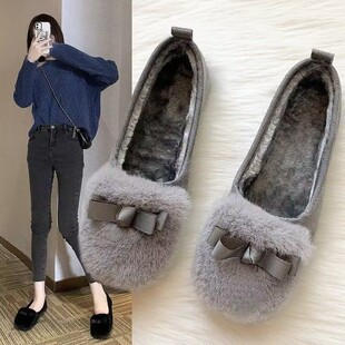 Korean Style Furry Shoes for Women Thick-Soled Winter Outer Wear Fleece-Lined Flats 2022 New Flats-Soled Beanie Shoes Cotton Shoes Wholesale
