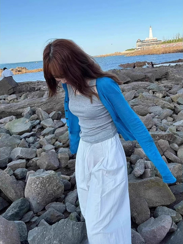 克莱因蓝色冰丝针织开衫防晒上衣女薄款夏季透气外搭披肩短款外套|undefined