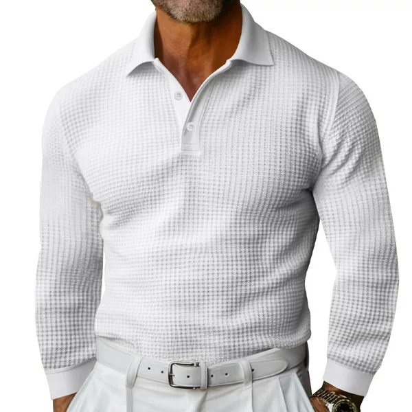 Cross-Border Amazon Foreign Trade Men's Waffle Knit Button-Down Long-Sleeve Polo Shirt Vacation Casual T-Shirt for Men