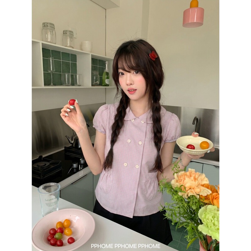 Sweet Style Pink Plaid Puff Sleeve Shirt for Women 2026 Summer Doll Collar Age-Reducing Short-Sleeved Shirt for Girls Sweet Style Pink Plaid Puff Sleeve Shirt for Women 2026 Summer Doll Collar Age-Reducing Short-Sleeved Shirt for Girls