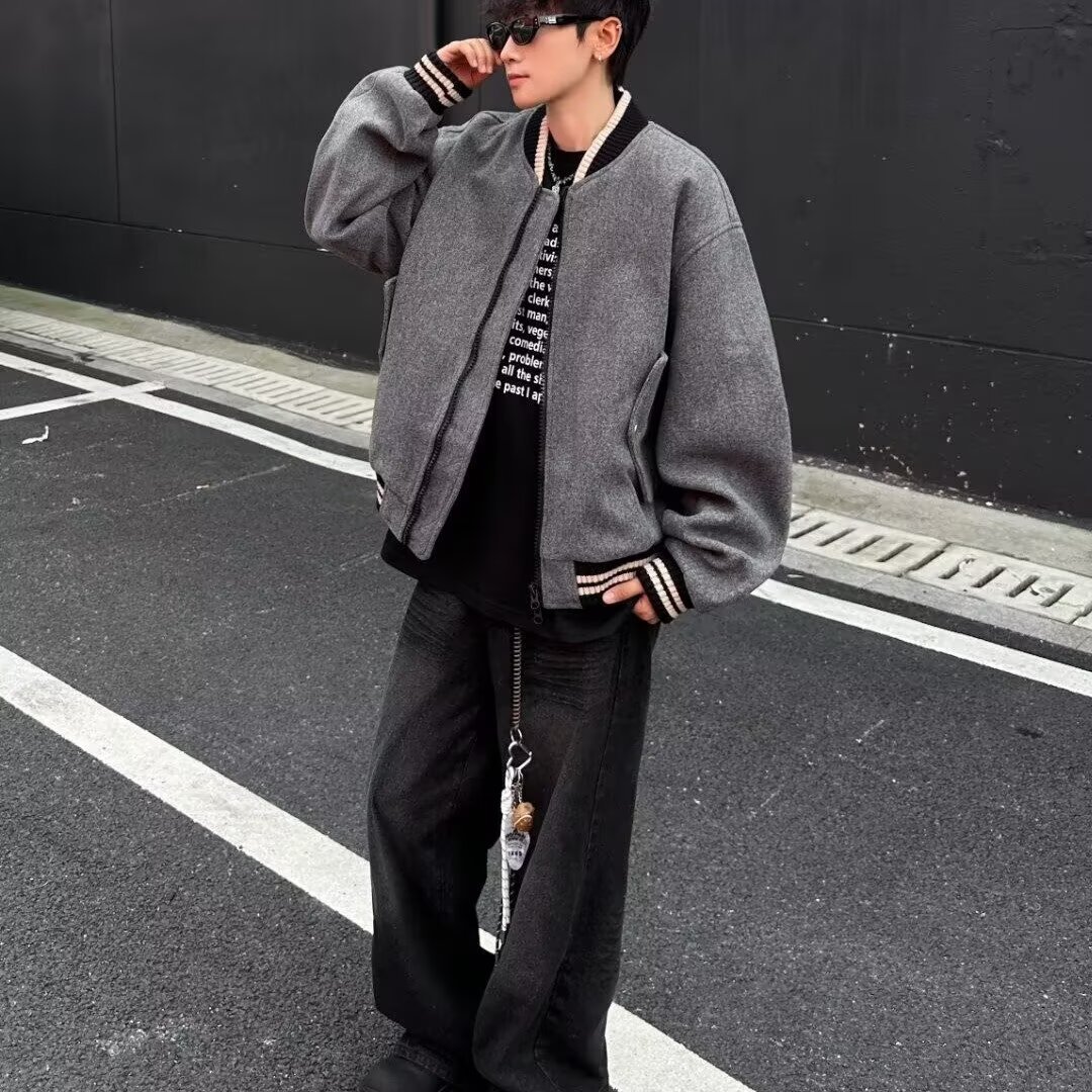 Kurze Wolljacke, Retro-Baumwolljacke, Baseballjacke, Dicke Pilotenjacke_voghion.com