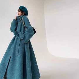 蓝屿海湾羊毛长大衣蓝色气质经典慵懒风赫本风羊毛双面外套-23139