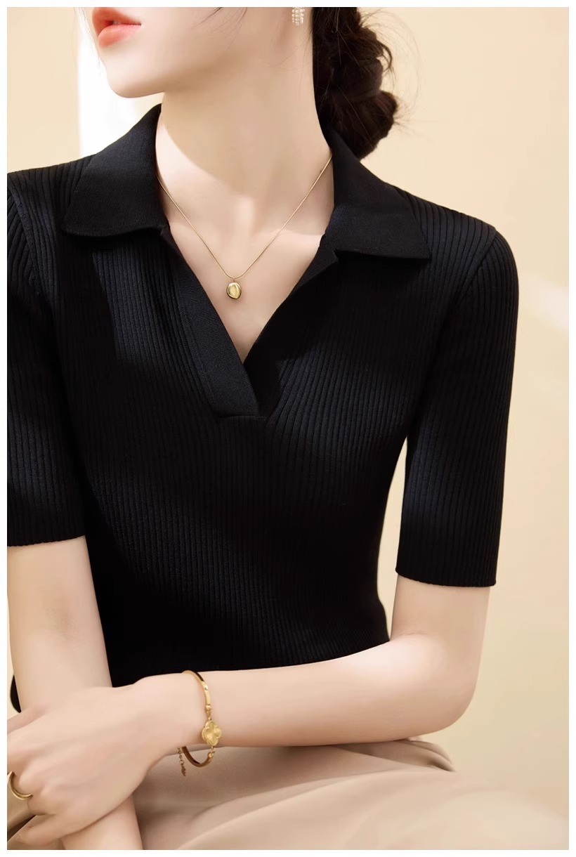 Áo thun dệt kim dáng ôm cổ chữ V nửa hở tay ngắn chất Lyocell Tencel mùa hè — Màu đen chi tiết 5