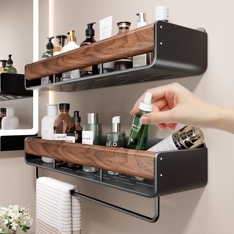ウォールナットバスルーム収納ラック壁掛けパンチフリーバスルームトイレシンクタオルラック化粧品収納|undefined