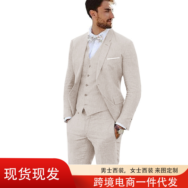 Cross-Border Preferred Men's Suit Linen Suit Three-Piece Retro Wedding Dance Suit Slim Jacket