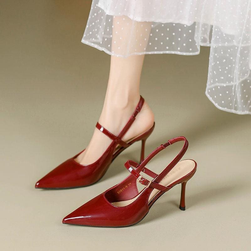 French-Style Sexy Burgundy High-Heeled Sandals for Women, Thin Heels, 2025 New Model, Pointed Toe, Elegant Socialite Style, Single-Strap Buckle Shoes