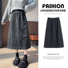 韩国新款摩登复古植绒黑色波点半身裙女秋冬毛呢a字裙长裙