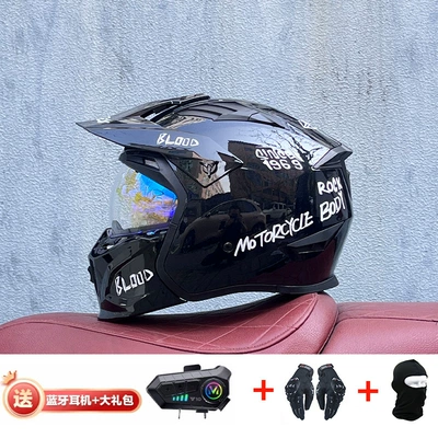 Motorcycle Safety Supplies — Retro Removable 3C Combination Helmet - black-and-white-with-magic-blue-y10-external-bluetooth-m