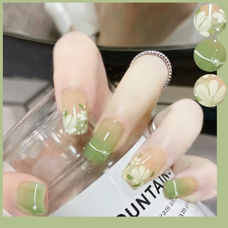 X041 fake nail patch removable wear white temperament Firefly Summer green floral short waterproof