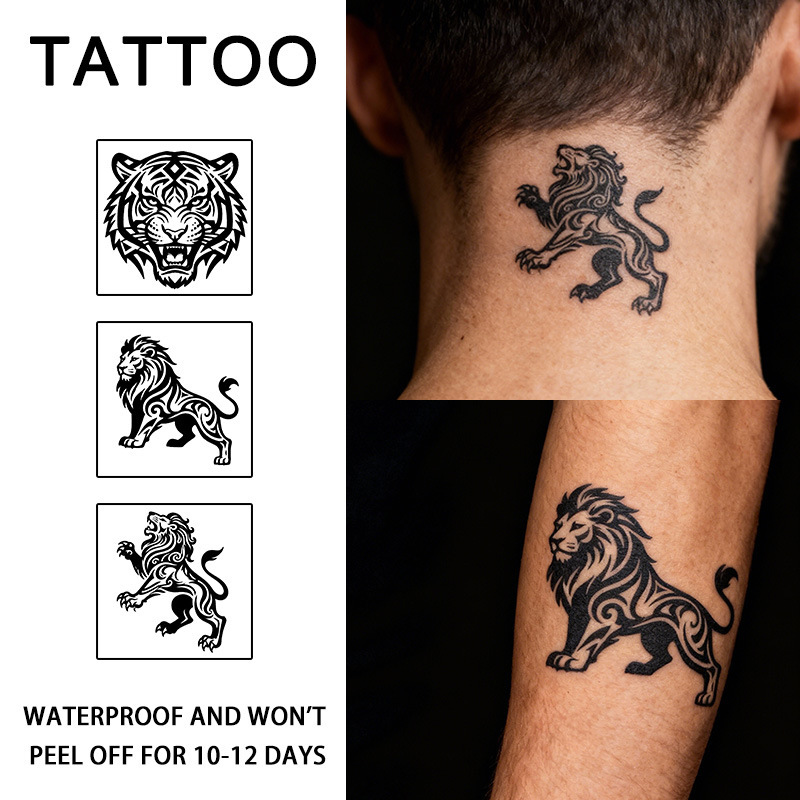 Temu's Popular Tiger and Lion Herbal Tattoo Stickers Are Long-Lasting, Waterproof, Stylish, and Suitable for Arms and Necks as Fake Tattoos