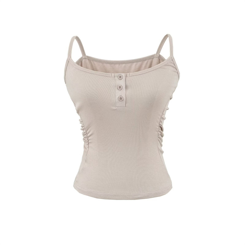 American-style sexy workwear pleated waist-cinching tank top for women, new summer model with half-open collar, slim fit, stretchy camisole top American-style sexy workwear pleated waist-cinching tank top for women, new summer model with half-open collar, slim fit, stretchy camisole top
