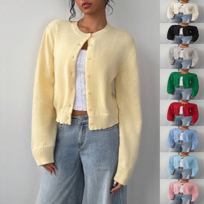 2025 Autumn and Winter Cross-Border Round Neck Threaded Long-Sleeved Button Women's Cardigan Jacket Sweater Soft and Waxy Short Style Loose and Slim 2025 Autumn and Winter Cross-Border Round Neck Threaded Long-Sleeved Button Women's Cardigan Jacket Sweater Soft and Waxy Short Style Loose and Slim