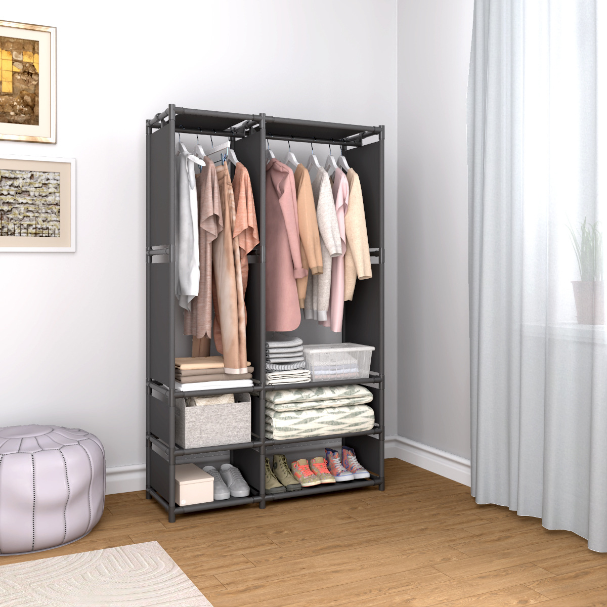 Multi-Layer Thickened Simple Fabric Wardrobe for Home Use, Floor-Standing, Assembled Open-Grid Storage Cabinet, Minimalist Wardrobe Wholesale