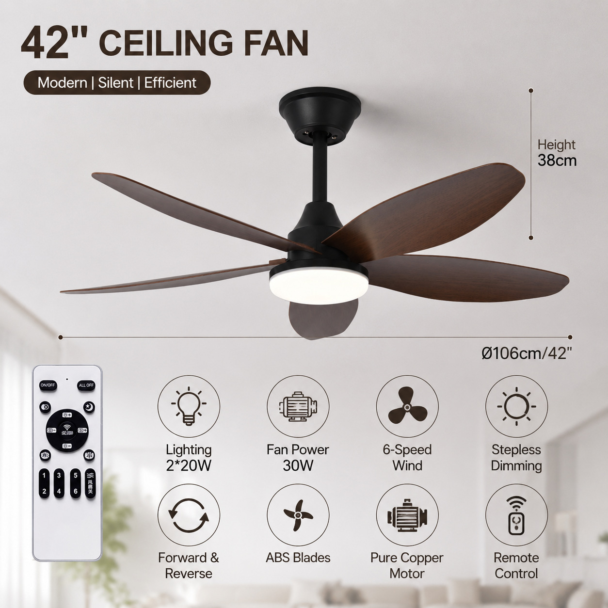 Ventilador de Techo con Luz de ABS y PC, con Control Remoto, Motor DC, para Sala de Estar y Comedor