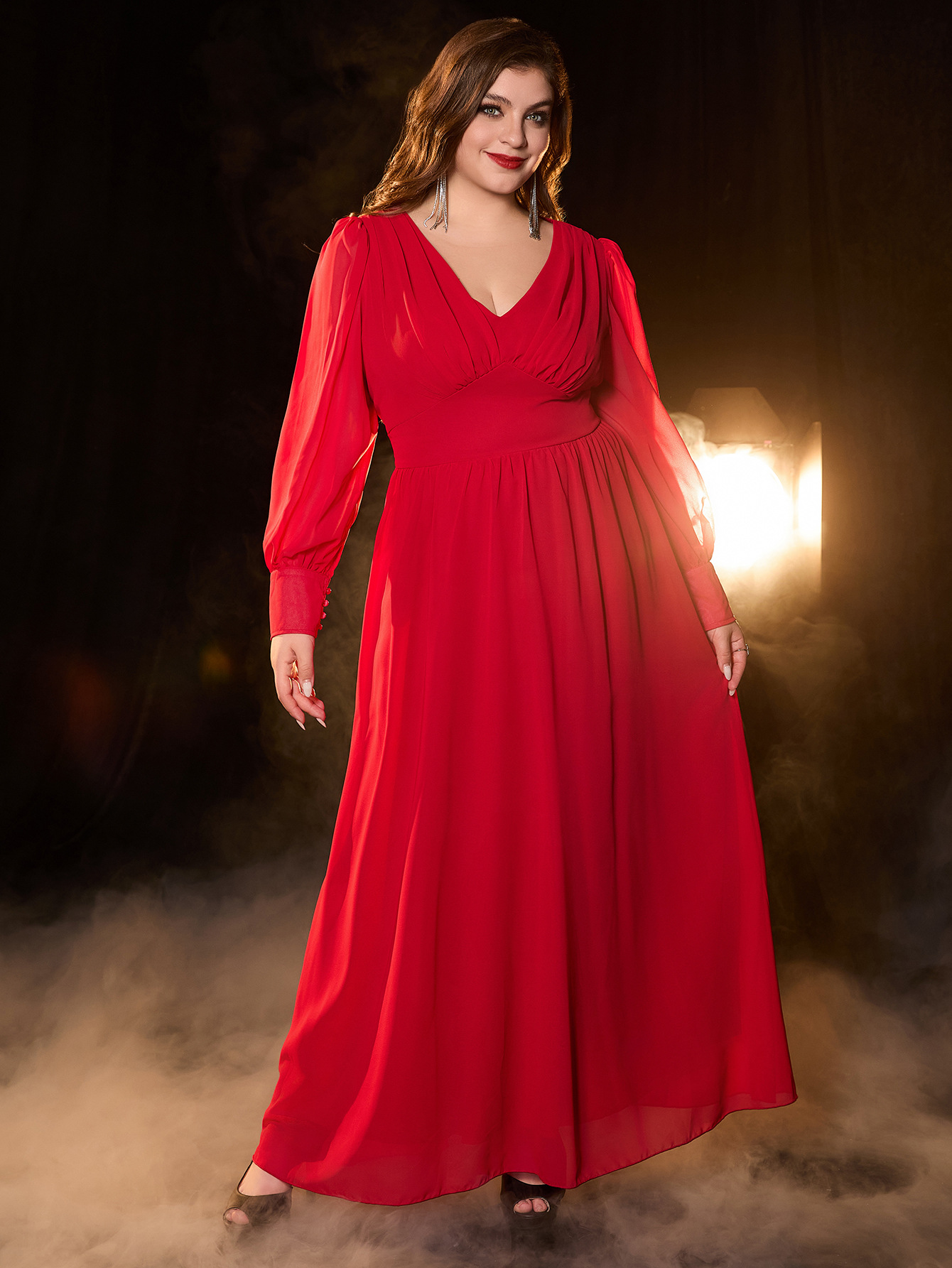Vestido de talla grande, nuevo vestido largo de gasa con cuello en V y manga larga para mujer, exclusivamente para venta al por mayor transfronteriza.