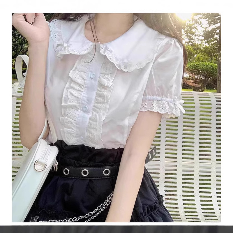 Doll Collar Shirt Gentle Sweet Little White Shirt Summer 2025 New Western Style Lace Short Sleeve Top Women