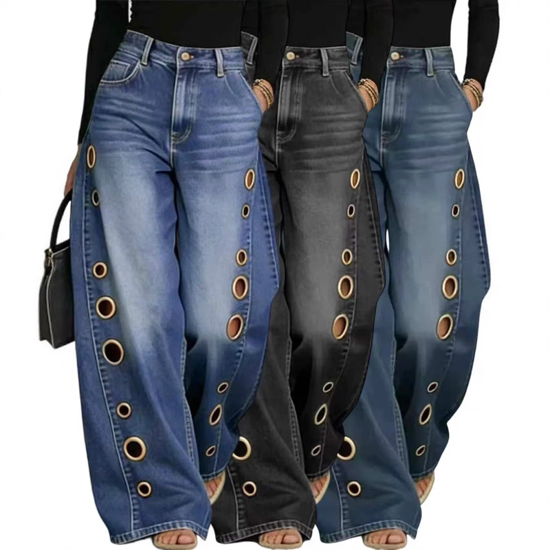 D8773 2026 Spring/Summer New Style Metal Eyelet European and American Women's Solid Color Loose Jeans D8773 2026 Spring/Summer New Style Metal Eyelet European and American Women's Solid Color Loose Jeans