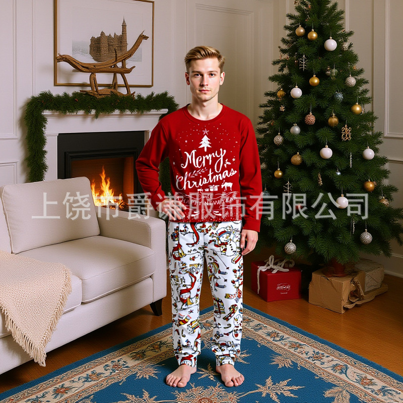 2025欧美跨境亚马逊居家服圣诞雪人亲子装3D印花圆领长袖睡衣套装|undefined