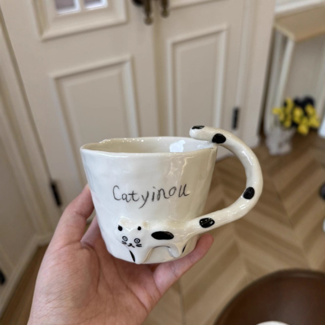 创意ins黑白小猫陶瓷马克杯卡蒂猫杯可爱卡通早餐杯办公喝水杯