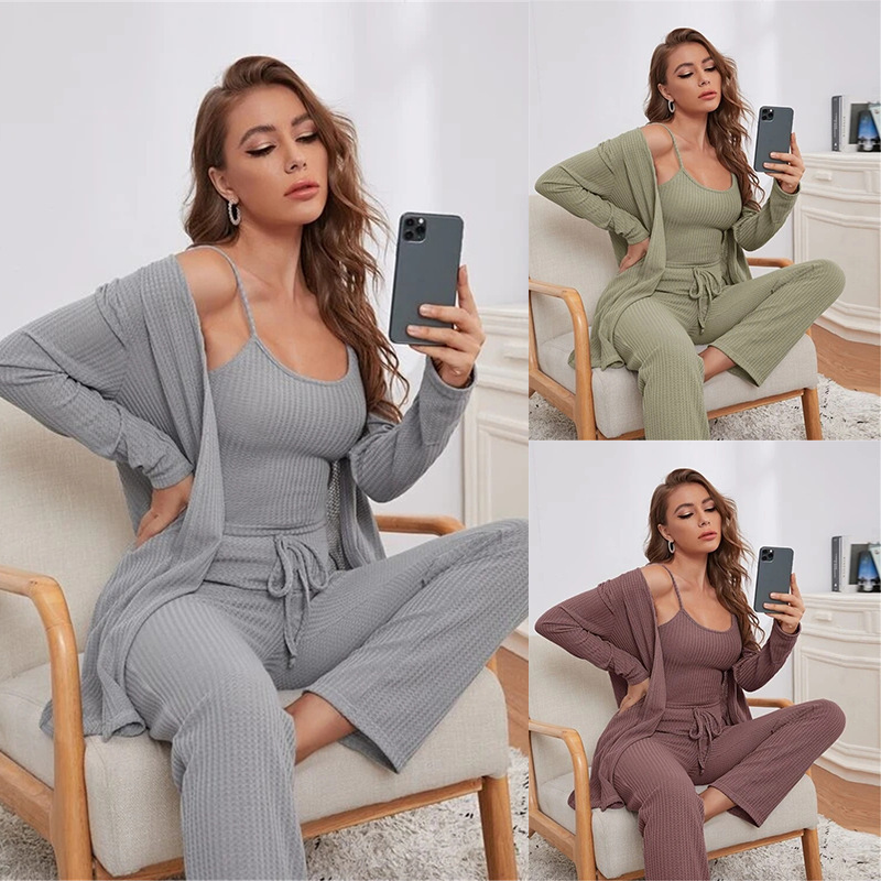 2024 Hot Selling European and American Home Clothes Women's Waffle Knitted Camisole Tops Trousers Robe Pajamas 3-Piece Set