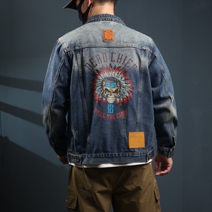 2024 New Heavy Retro Denim Jacket Men's Spring and Autumn Casual Crock Top American Washed Printed Jacket